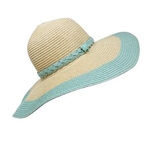 The Girlfriend Hat Wide Brim Hat Stripe Braided Hat Band Baby Blue Natural Paper